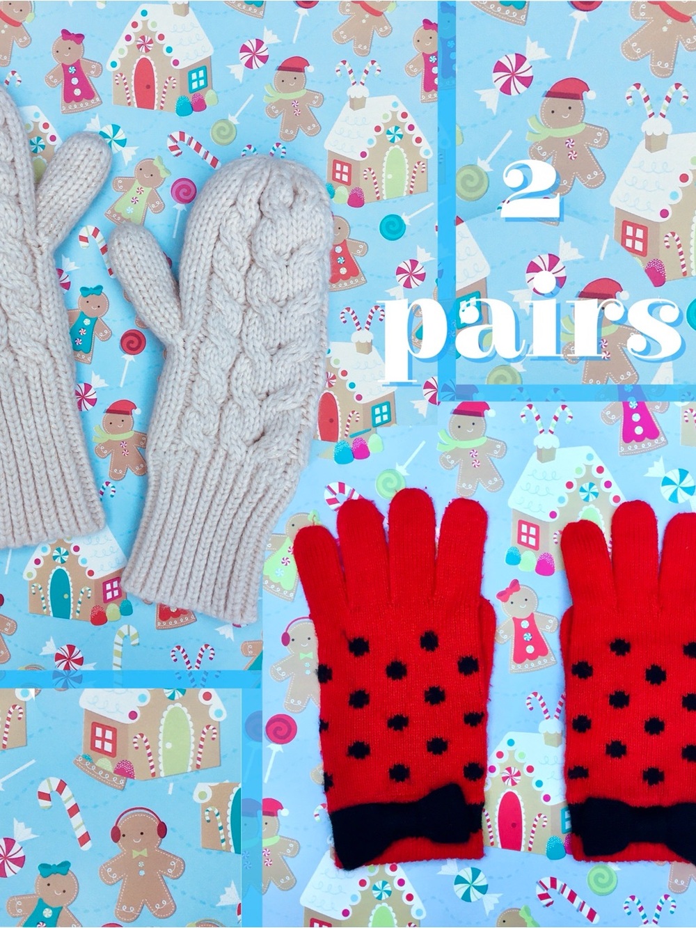 2 Pair Bundle ❉ GapKids Cable Knit Cream Mittens & Red Bow Polka Dot Gloves